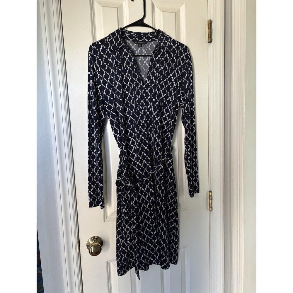 Brooks Brothers Navy Blue Geometric  Mediterranean Academia Tie Wrap Dress M